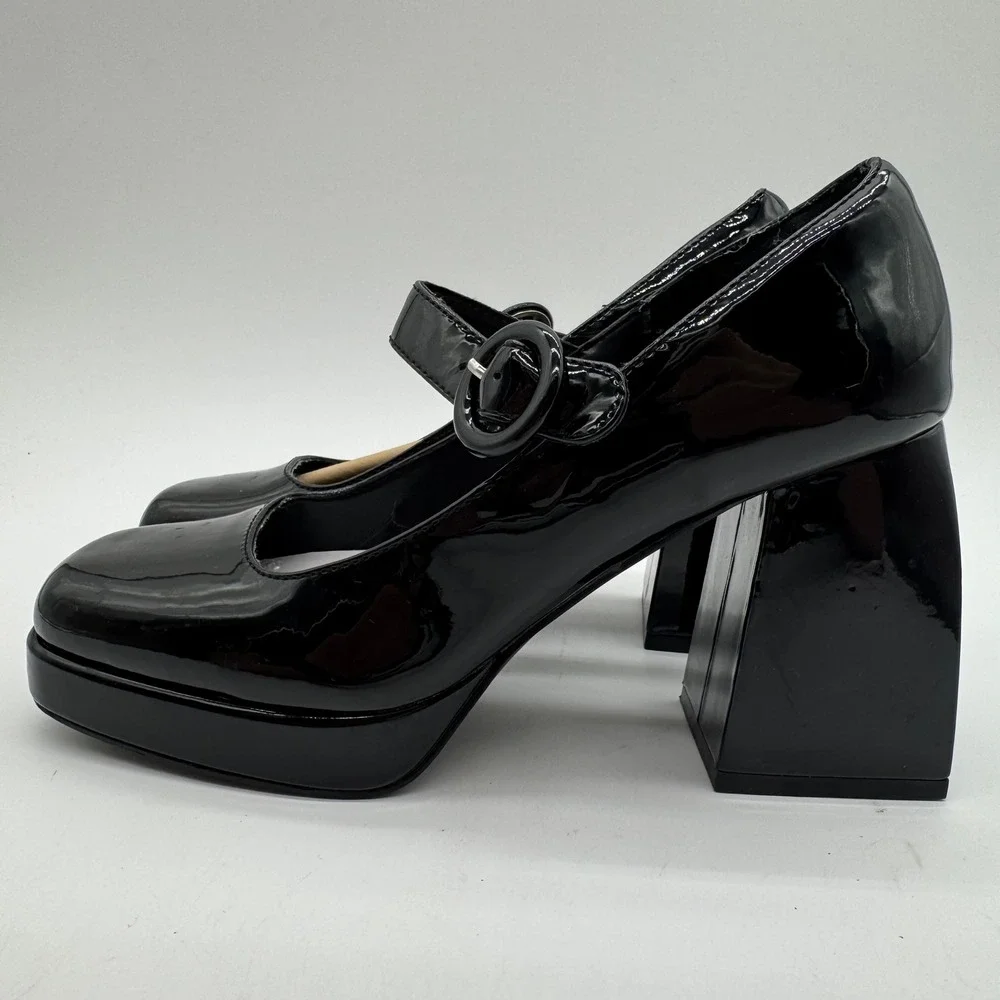 Cellenz Black Patent Mary Jane Platform Pumps Square Toe Block Heel Womens 8